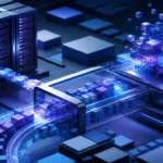 Infraestructura de servidores y bloques geométricos que representan un flujo de desarrollo de software