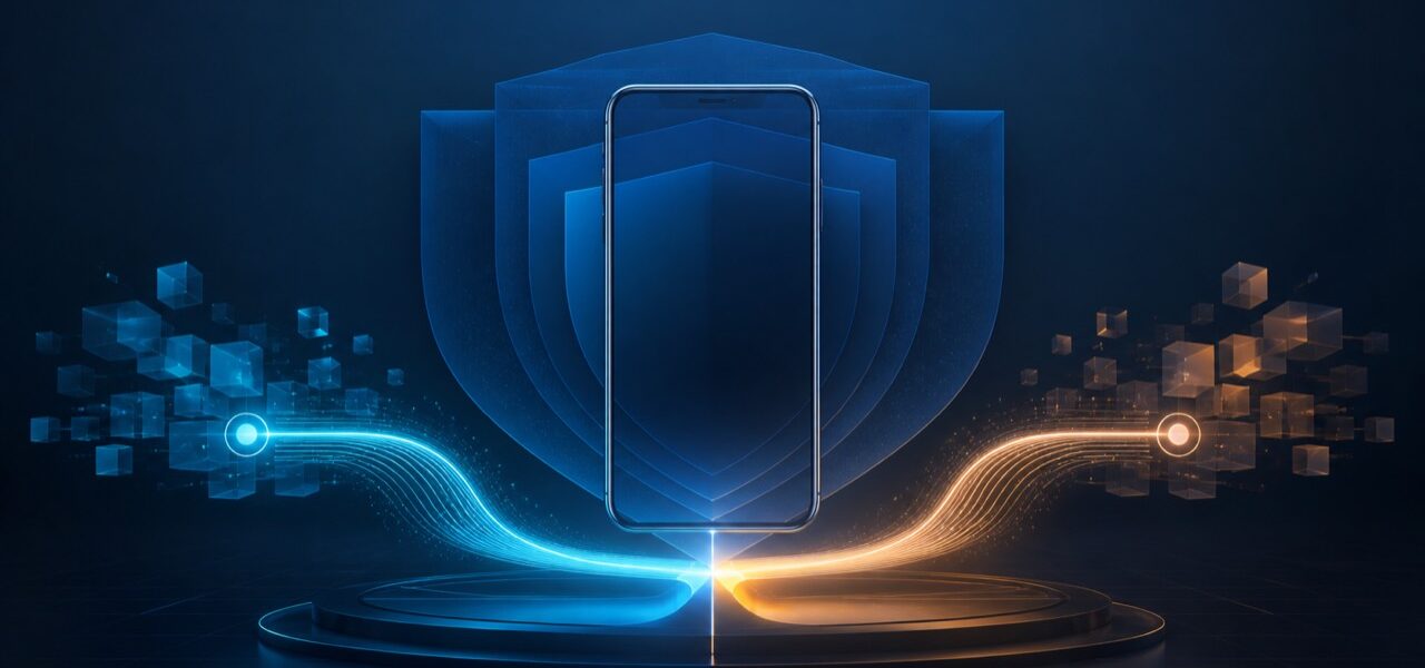 Apple cambiará en Alemania cómo solicita permiso para la publicidad personalizada Teléfono abstracto junto a capas luminosas que representan privacidad y elección de datos