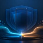 Teléfono abstracto junto a capas luminosas que representan privacidad y elección de datos