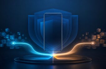Teléfono abstracto junto a capas luminosas que representan privacidad y elección de datos