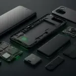 Teléfono modular sin marca con componentes reemplazables y luz de circuitos verde