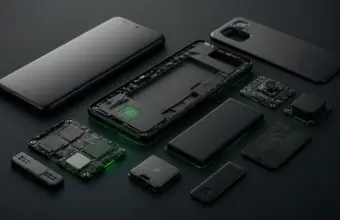 Teléfono modular sin marca con componentes reemplazables y luz de circuitos verde