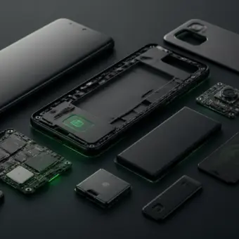 Teléfono modular sin marca con componentes reemplazables y luz de circuitos verde