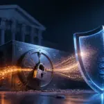 Archivo digital protegido con un candado roto y flujos de datos contenidos