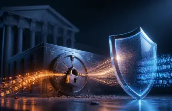 Archivo digital protegido con un candado roto y flujos de datos contenidos