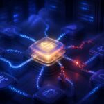 Nodo de red luminoso recuperando conexiones en una infraestructura tecnológica abstracta