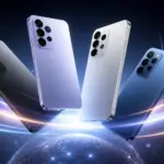 Conjunto de teléfonos sin marca iluminados por un arco de luz tecnológica