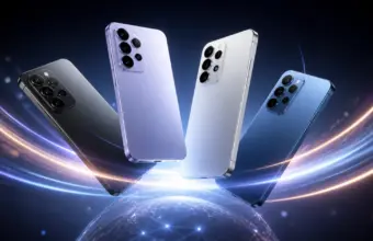 Conjunto de teléfonos sin marca iluminados por un arco de luz tecnológica
