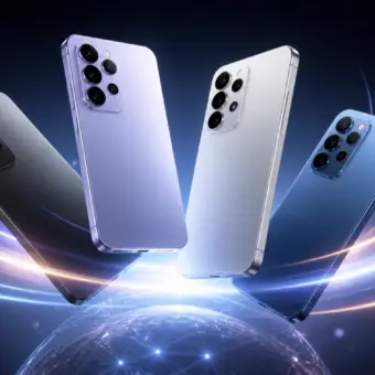 Conjunto de teléfonos sin marca iluminados por un arco de luz tecnológica