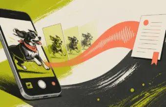 Móvil ilustrado captura a un perro en movimiento y organiza imágenes y dictado mediante inteligencia artificial