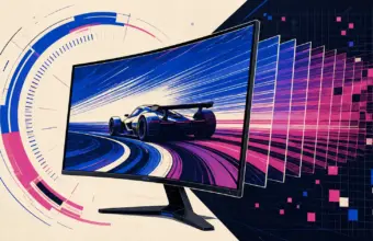 Monitor de videojuegos con un coche de carreras y fotogramas superpuestos