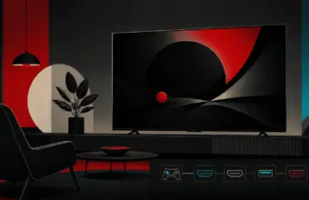 Televisor OLED en un salón oscuro con cuatro conexiones multimedia