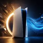 Consola abstracta iluminada por un disco de luz y partículas digitales