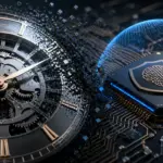 Mecanismo de reloj futurista junto a circuitos de inteligencia artificial certificados