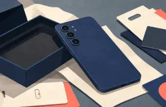 Teléfono azul junto a una caja abierta en una mesa de diseño