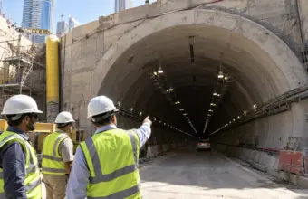 Ingenieros ante la entrada de un túnel urbano en construcción
