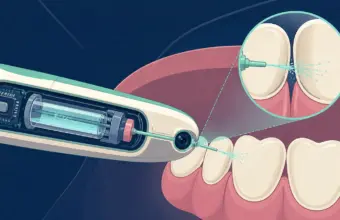 Cepillo dental dibujado enfocando espacios entre dientes y enviando un chorro preciso de enjuague