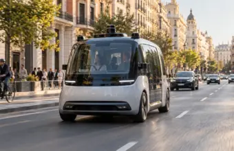 Vehículo autónomo circulando por una avenida contemporánea de Madrid