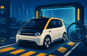 Robotaxi dorado sin volante detenido ante una balanza regulatoria y una carretera urbana
