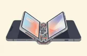 Ilustración editorial de un teléfono inteligente plegable ultra delgado abriéndose en abanico