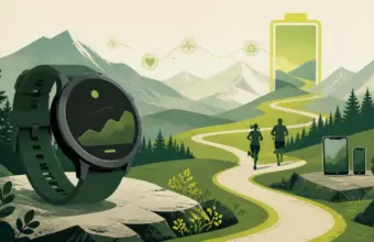 Reloj deportivo rodeado por rutas de montaña, señales de salud y una batería de larga duración