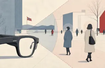 Gafas inteligentes discretas rodeadas por rostros anónimos y límites de privacidad