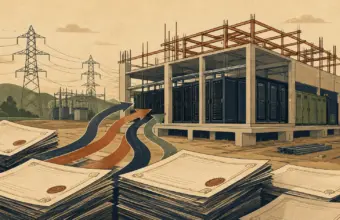 Centro de datos en construcción recibe financiación entre tendidos eléctricos y pilas de documentos