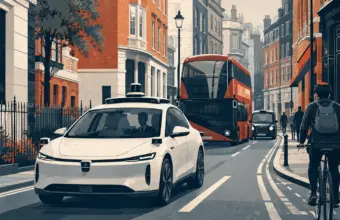 Coche autónomo supervisado circulando entre un autobús y una bicicleta en una calle de Londres