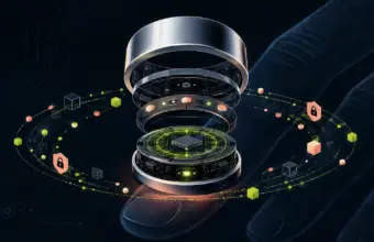 Anillo inteligente abierto en capas con sensores, procesador y gestos de control alrededor
