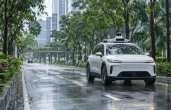 Vehículo autónomo de pruebas en una avenida tropical de Singapur tras la lluvia