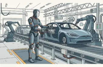 Ilustración editorial del robot humanoide bípedo IRON en una estación de ensamblaje automotriz