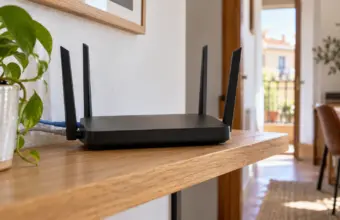 Recreación conceptual de un router sin marcas con cuatro antenas en una vivienda