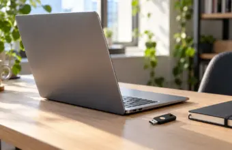 Portátil sin marca y llave de seguridad USB sobre una mesa de trabajo, en una ilustración generada sobre control de accesos
