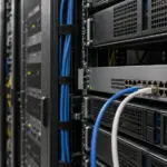 Cloudflare anuncia reglas por Brotli: revisa los bloqueos heredados Ilustración generada de equipos de red en un rack con dos cables conectados.