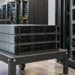 Tres servidores sobre un carro de instalación junto a un bastidor parcialmente equipado
