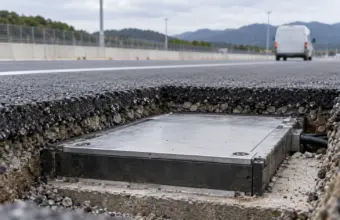 Escena conceptual de un módulo sin marca bajo el asfalto de una pista de pruebas, generada con IA