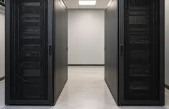 Dos armarios de servidores cerrados y separados por un pasillo en una sala técnica, en una recreación conceptual