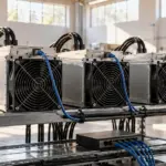 Tether suma quince apoyos a MDK: la minería autónoma sigue en pruebas Recreación conceptual de tres equipos de minería ASIC conectados a una red en un taller industrial